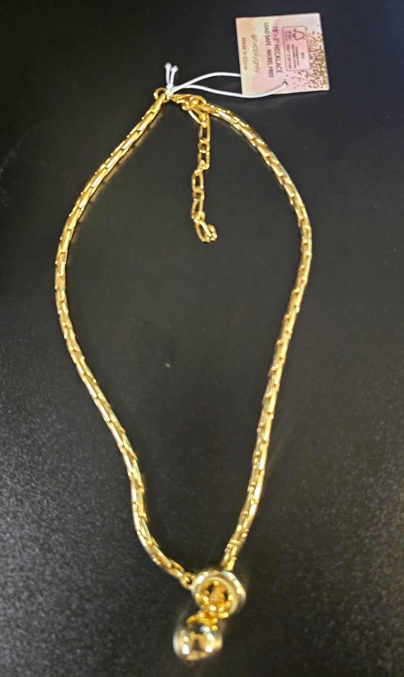 Happily Grey 18in Bar Link Necklace Gold Tone Silver Ball Charm, Lobster